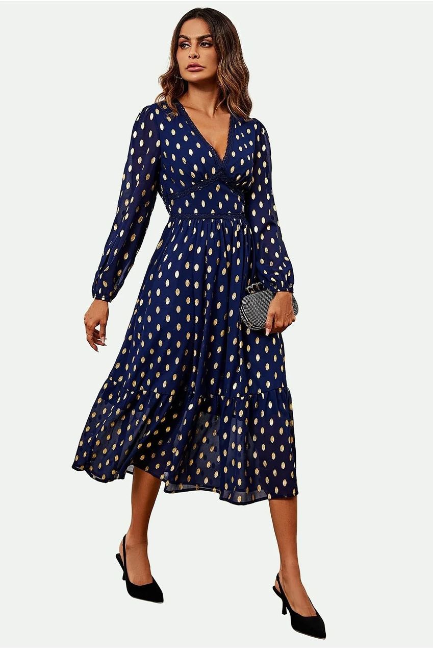 Lace Trim Foil Long Sleeve Maxi Dress In Navy FS565-NG