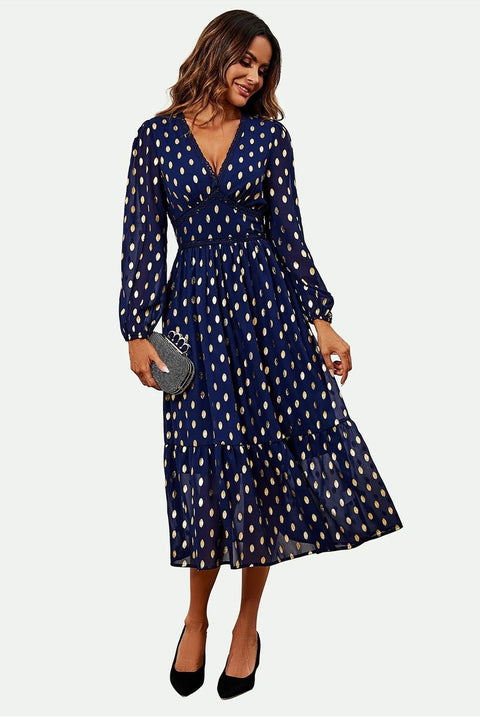 Lace Trim Foil Long Sleeve Maxi Dress In Navy by FS Collection