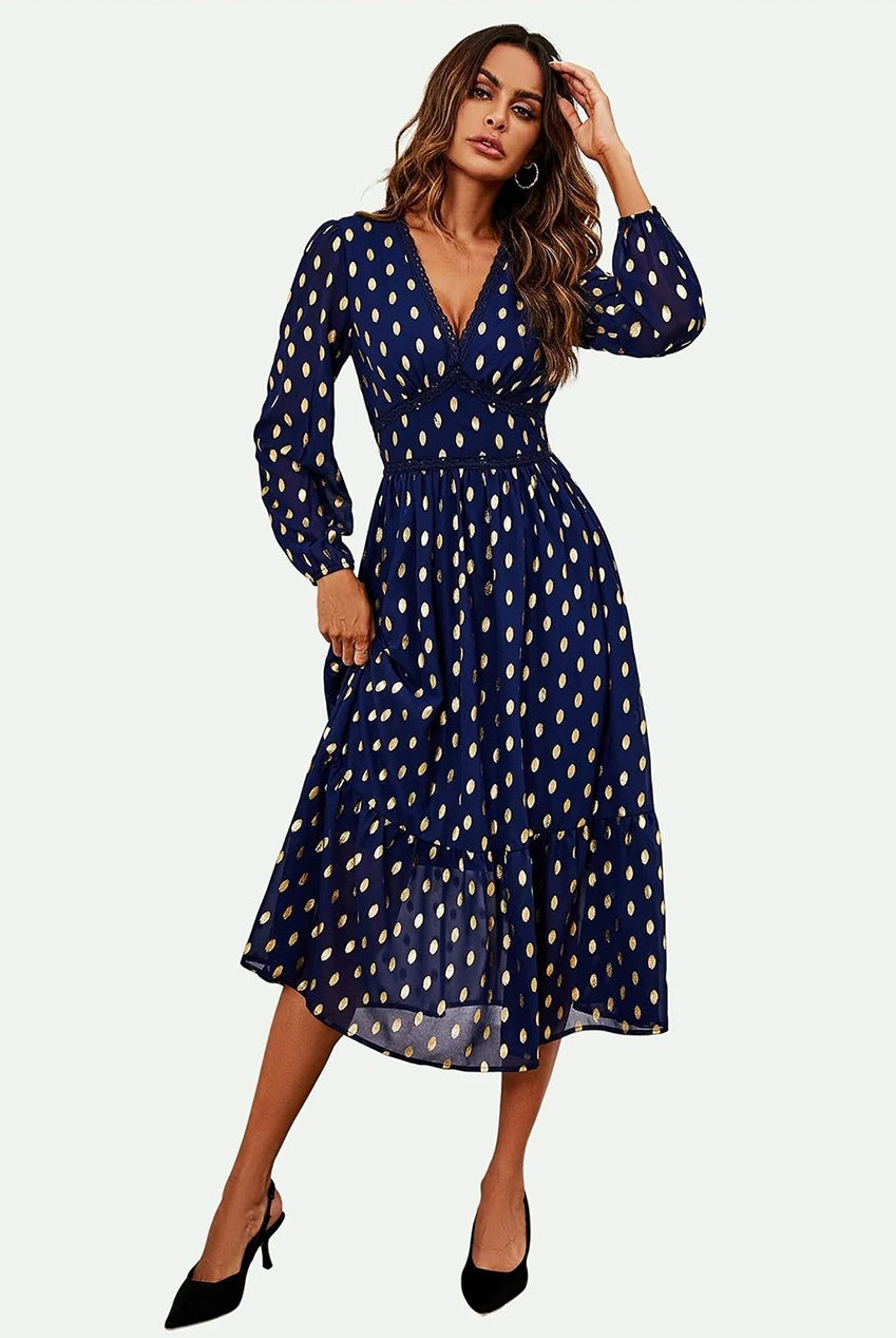 Lace Trim Foil Long Sleeve Maxi Dress In Navy FS565-NG