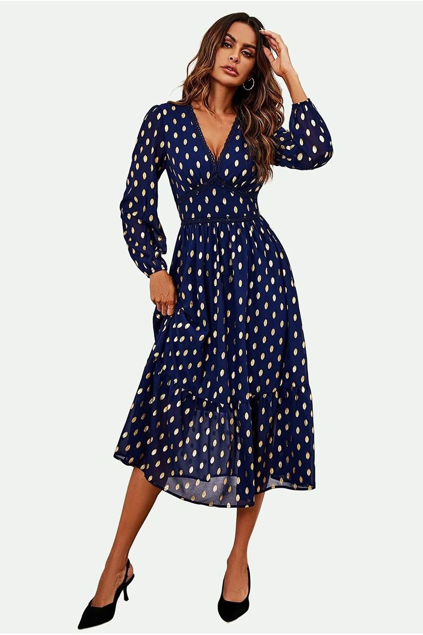 Lace Trim Foil Long Sleeve Maxi Dress In Navy FS565-NG