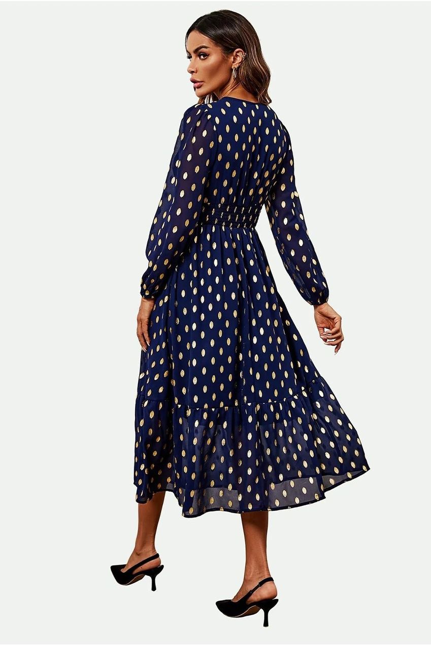 Lace Trim Foil Long Sleeve Maxi Dress In Navy FS565-NG