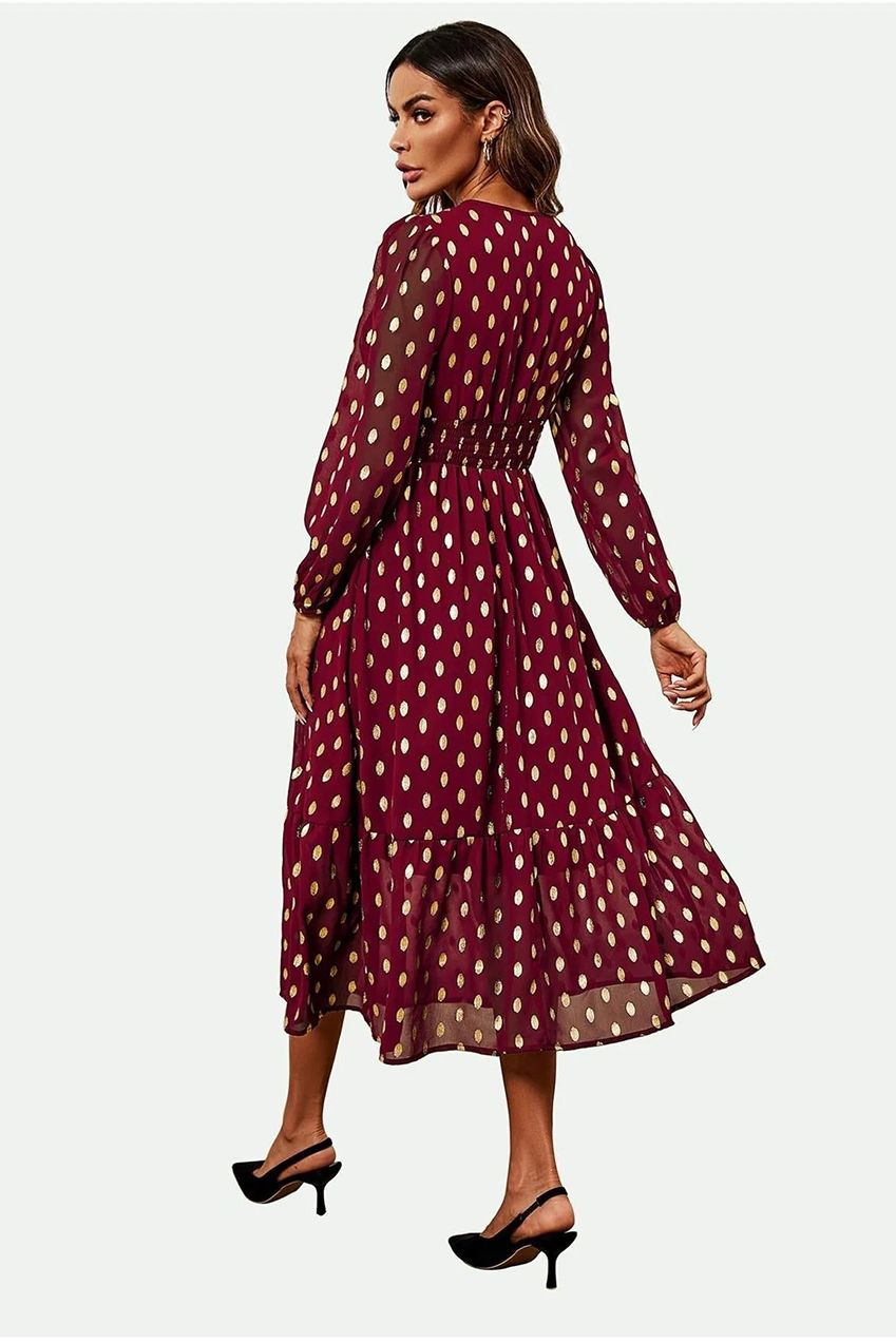 Lace Trim Foil Long Sleeve Maxi Dress In Wine FS565-WG