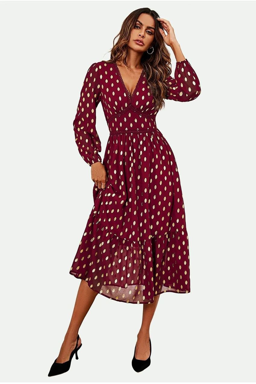 Lace Trim Foil Long Sleeve Maxi Dress In Wine FS565-WG