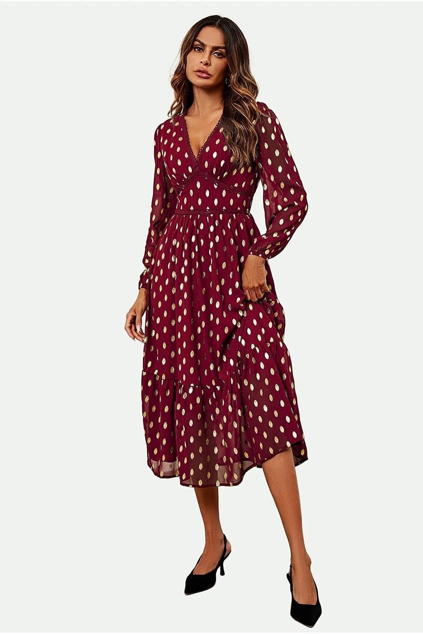 Lace Trim Foil Long Sleeve Maxi Dress In Wine FS565-WG