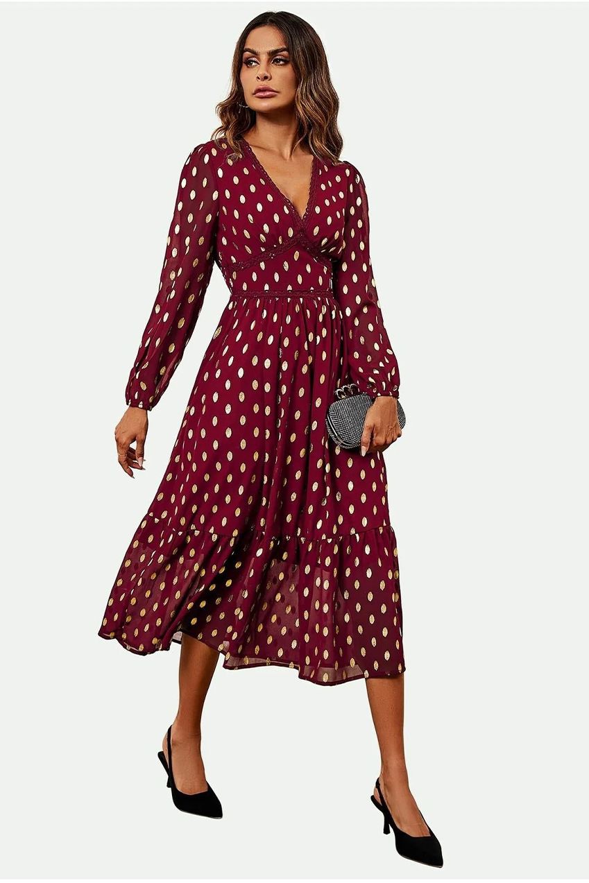 Lace Trim Foil Long Sleeve Maxi Dress In Wine FS565-WG