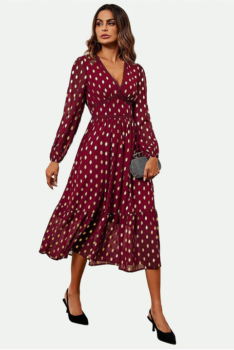 Lace Trim Foil Long Sleeve Maxi Dress In Wine by FS Collection