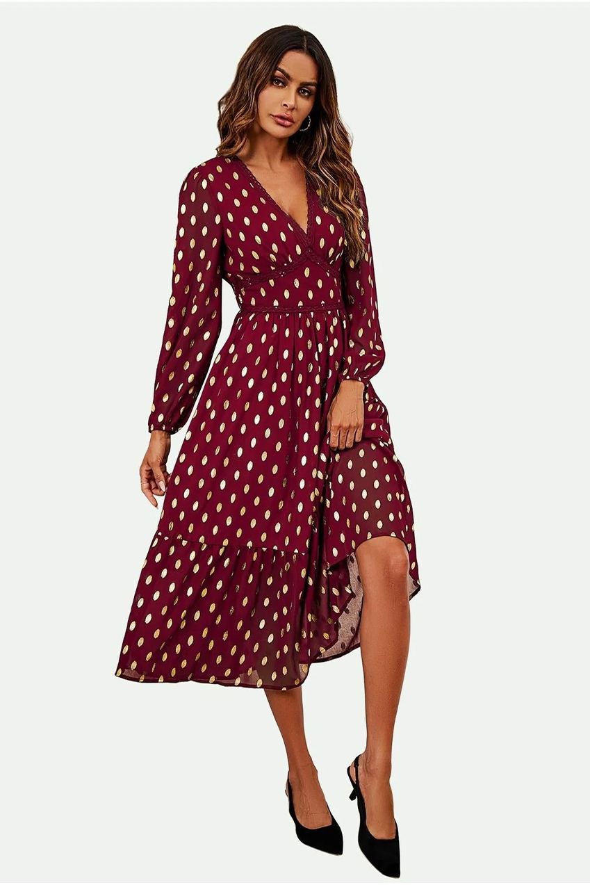 Lace Trim Foil Long Sleeve Maxi Dress In Wine FS565-WG
