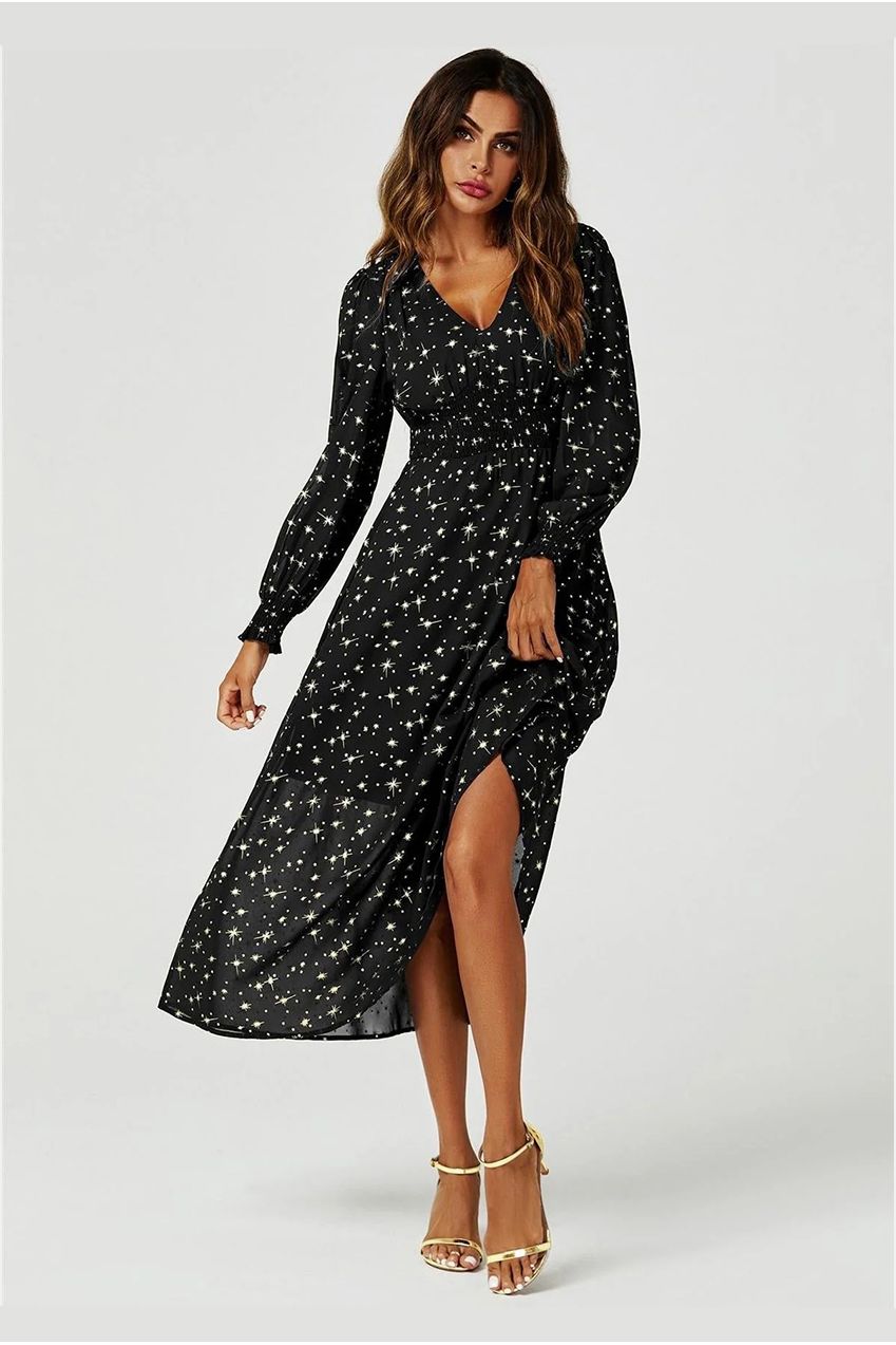Gold Star Foil Long Sleeve Maxi Dress In Black FS629-BlackStar