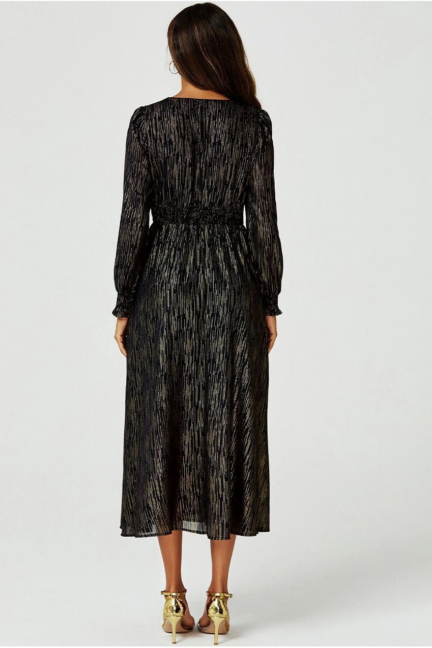 Gold Stripe Foil Long Sleeve Maxi Dress In Black FS629-BlackStripe