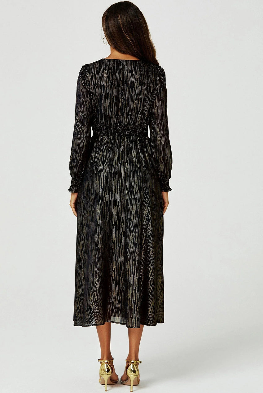 Gold Stripe Foil Long Sleeve Maxi Dress In Black FS629-BlackStripe