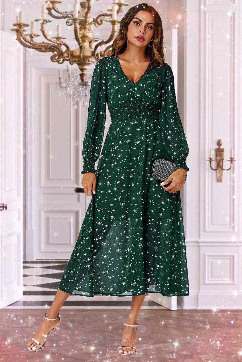 Silver Star Foil Long Sleeve Maxi Dress In Green FS629
