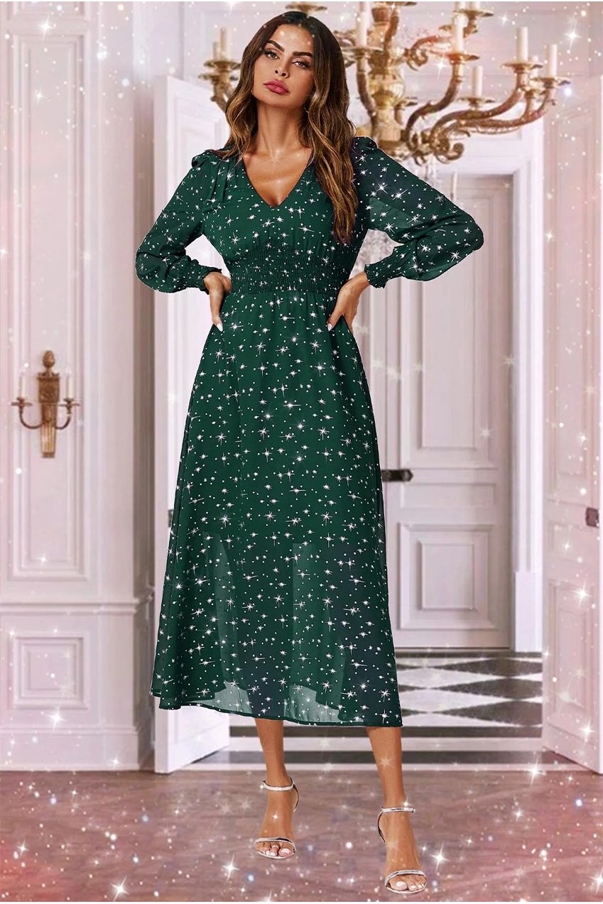Silver Star Foil Long Sleeve Maxi Dress In Green FS629