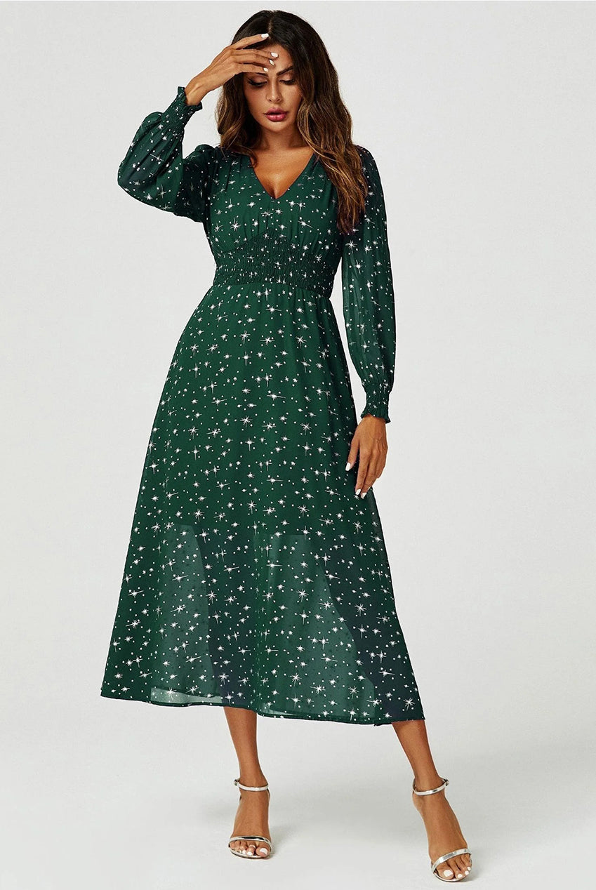 Silver Star Foil Long Sleeve Maxi Dress In Green FS629