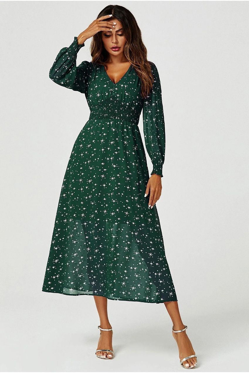 Silver Star Foil Long Sleeve Maxi Dress In Green FS629