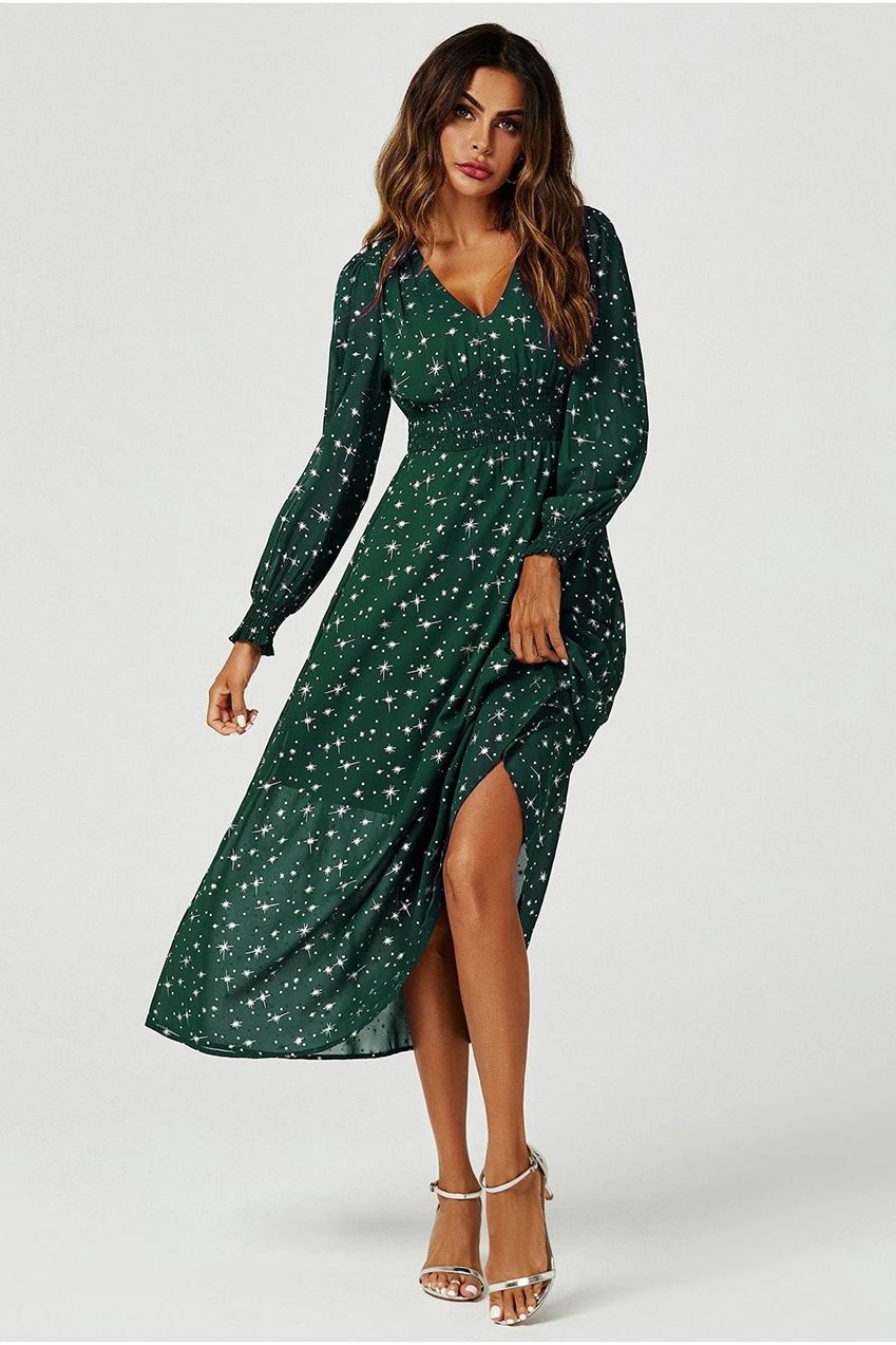 Silver Star Foil Long Sleeve Maxi Dress In Green FS629
