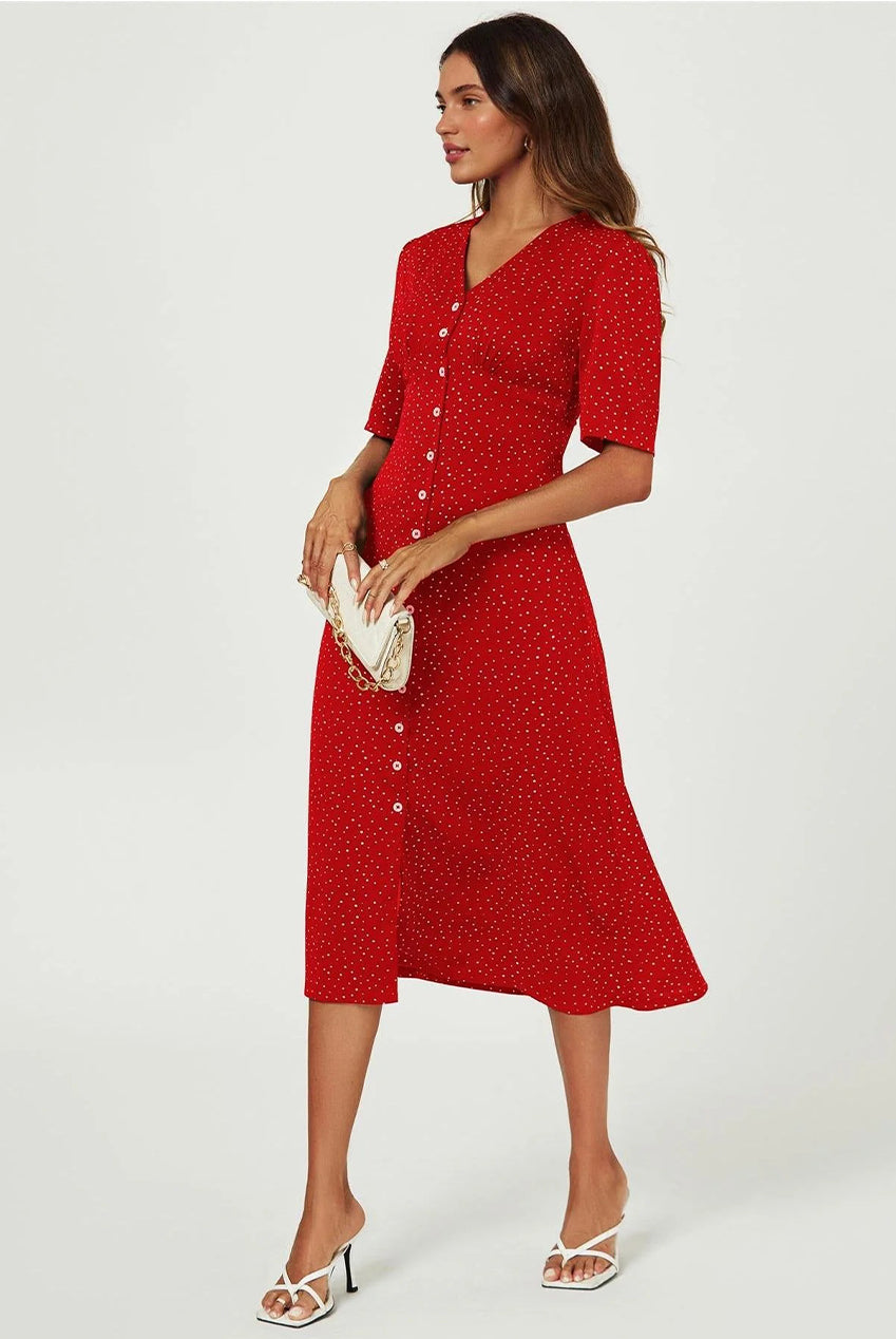 Dot Print Button Front Midi Dress In Red FS707-RedDot