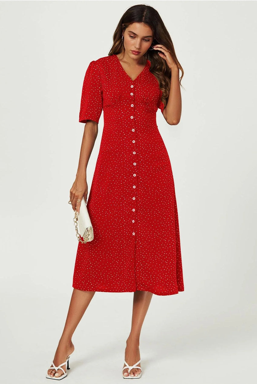 Dot Print Button Front Midi Dress In Red FS707-RedDot