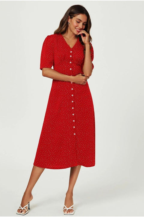 Dot Print Button Front Midi Dress In Red by FS Collection