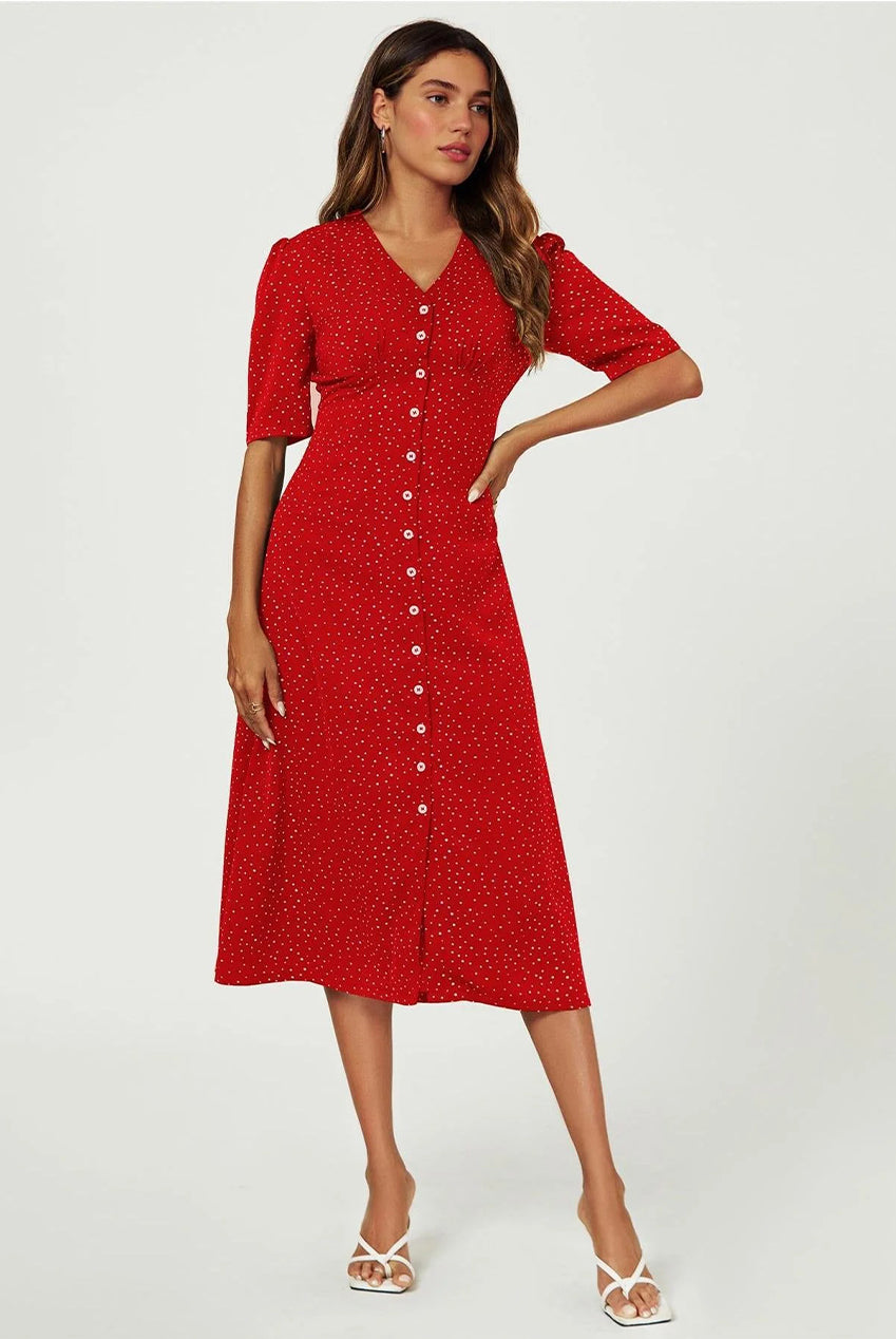 Dot Print Button Front Midi Dress In Red FS707-RedDot