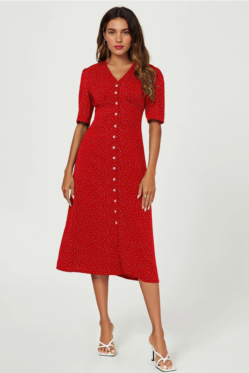 Dot Print Button Front Midi Dress In Red FS707-RedDot