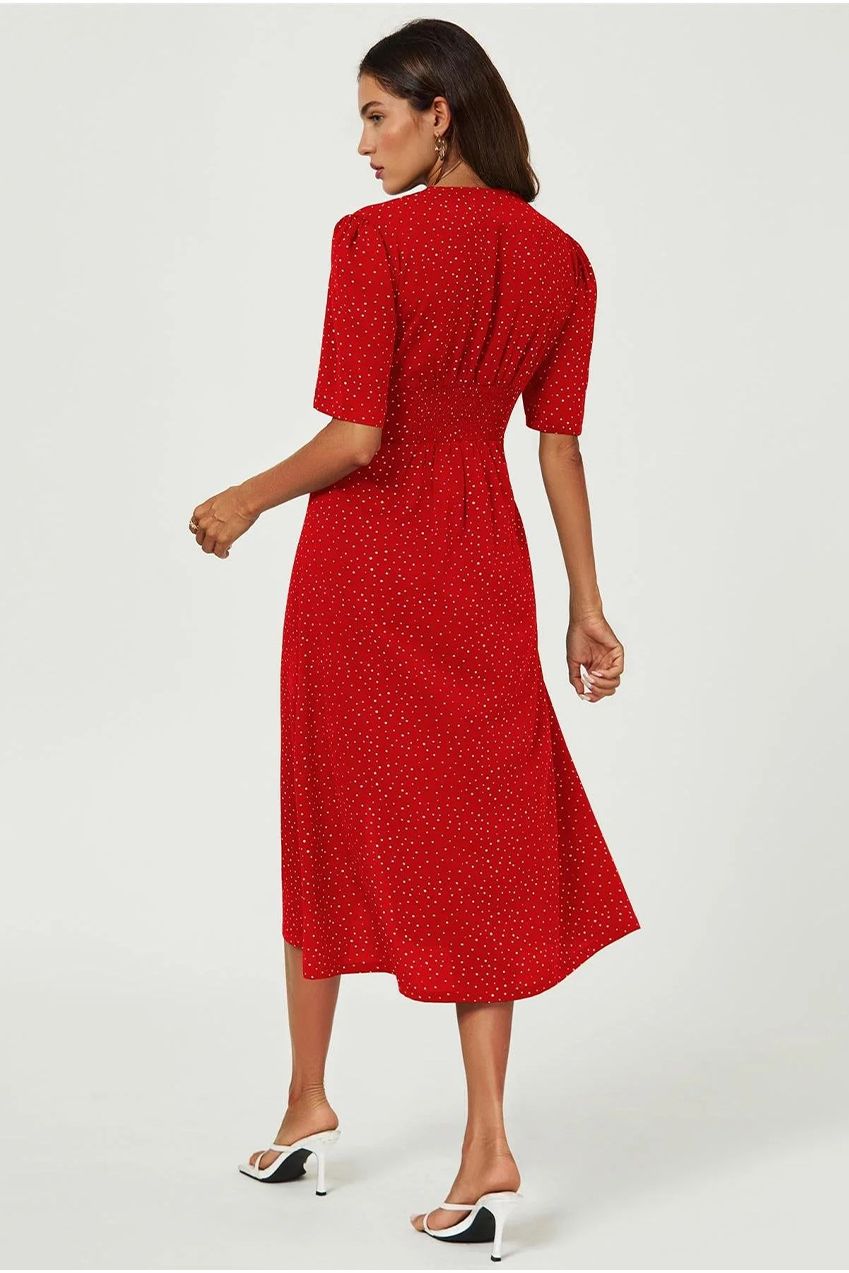 Dot Print Button Front Midi Dress In Red FS707-RedDot