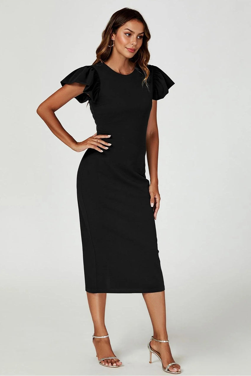 Volume Sleeve Bodycon Midi Dress In Black FS770