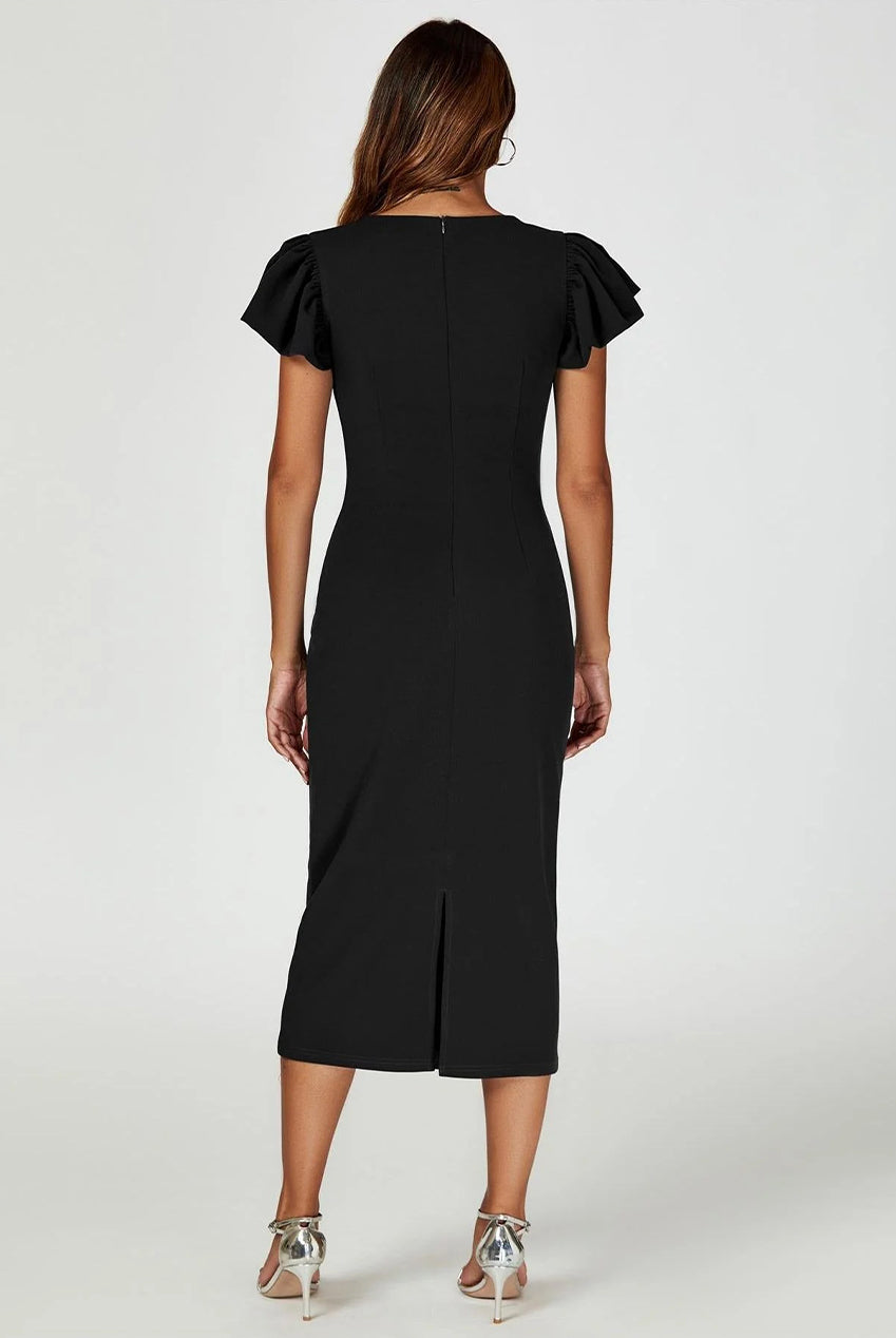 Volume Sleeve Bodycon Midi Dress In Black FS770