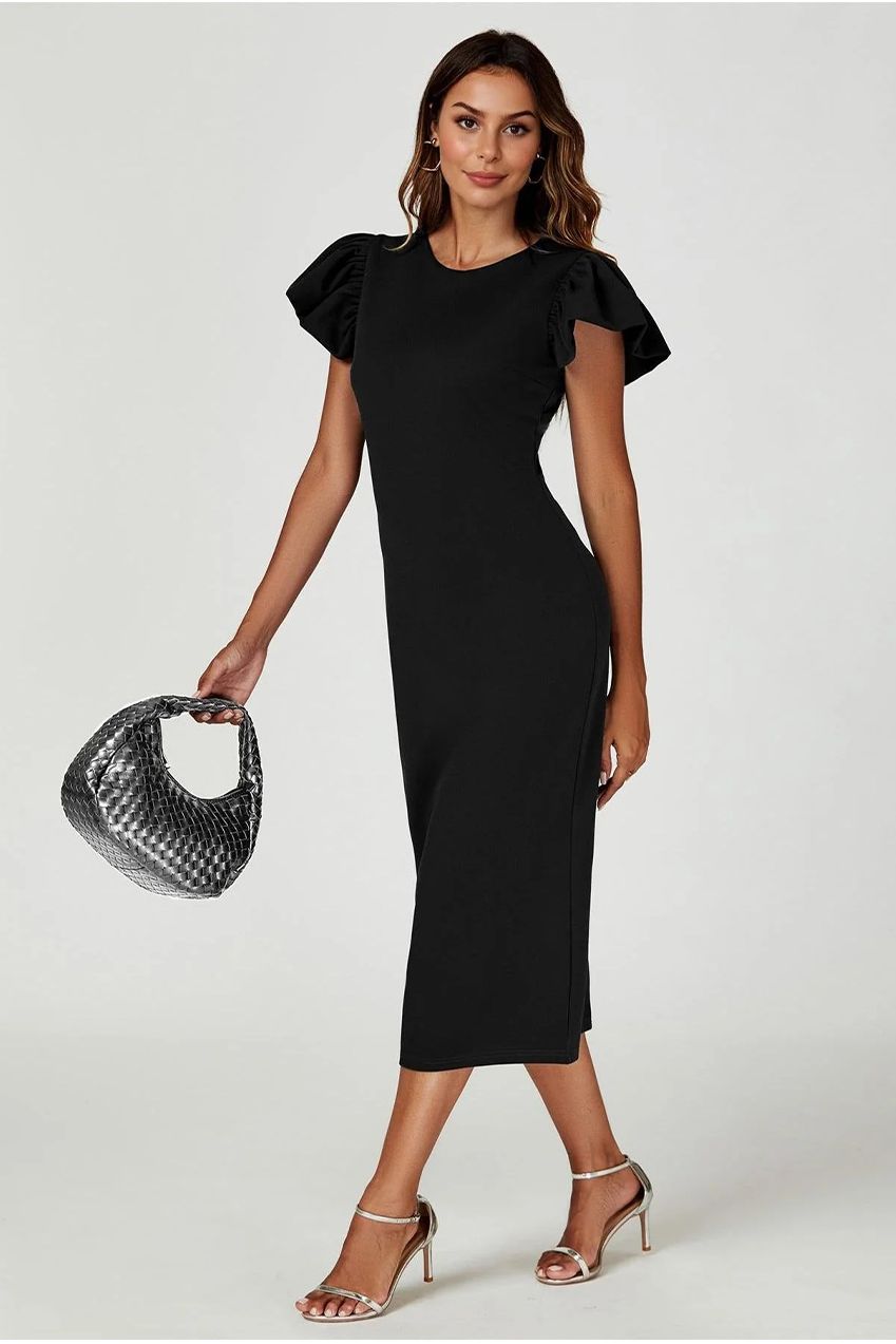 Volume Sleeve Bodycon Midi Dress In Black FS770