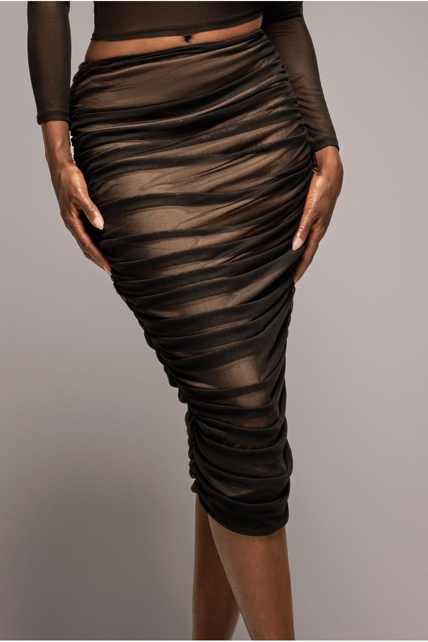 Gathered Side Mesh Midi Skirt - Black SK58