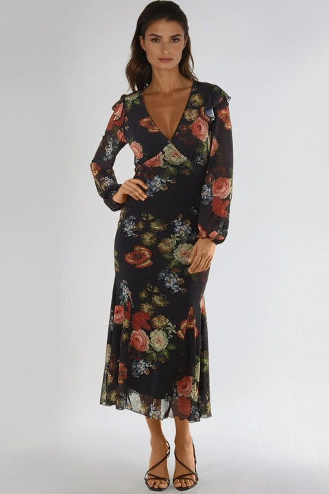 Black Floral V Neckline Midi Dress by Aftershock London