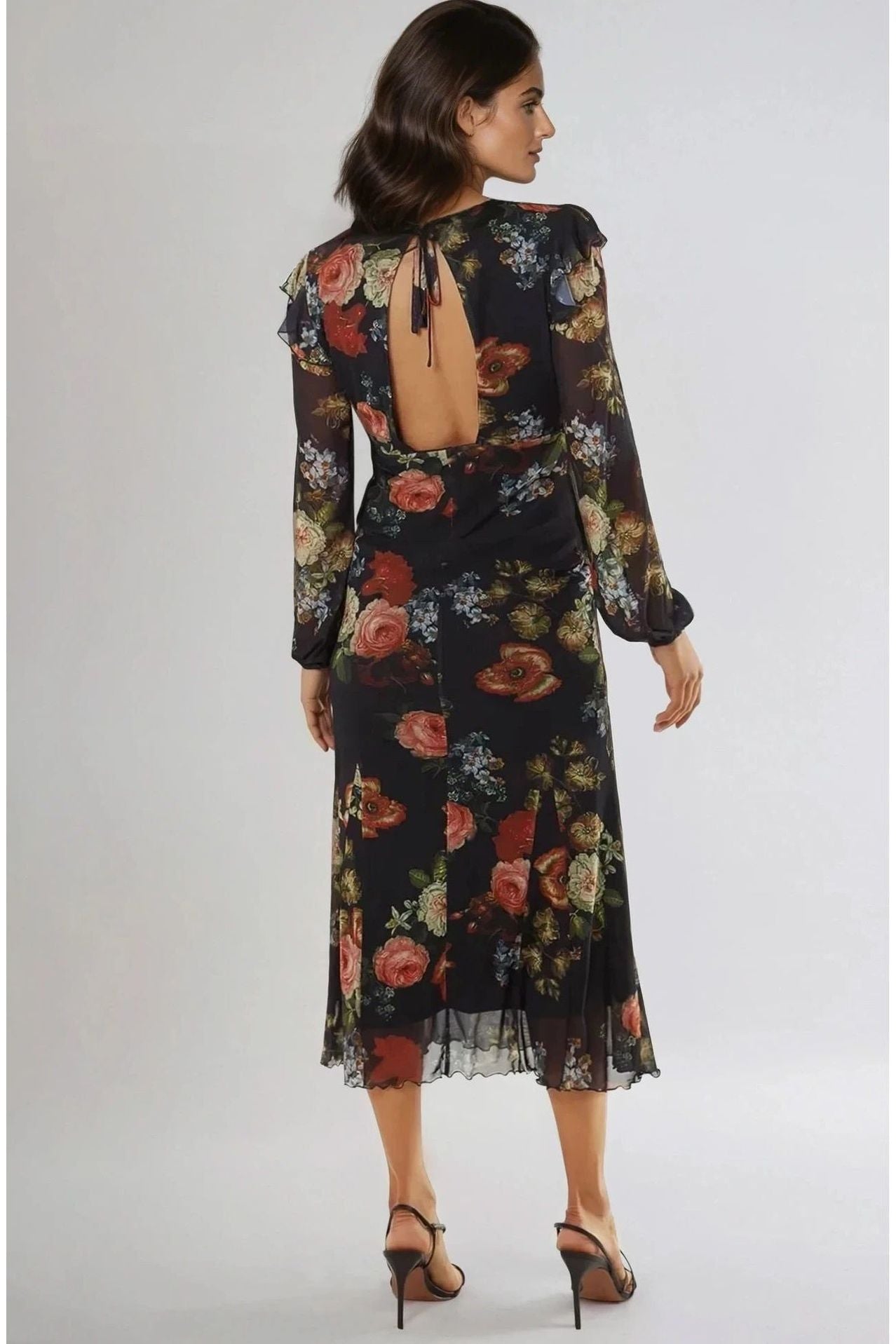 Black Floral V Neckline Midi Dress ALNL234860003