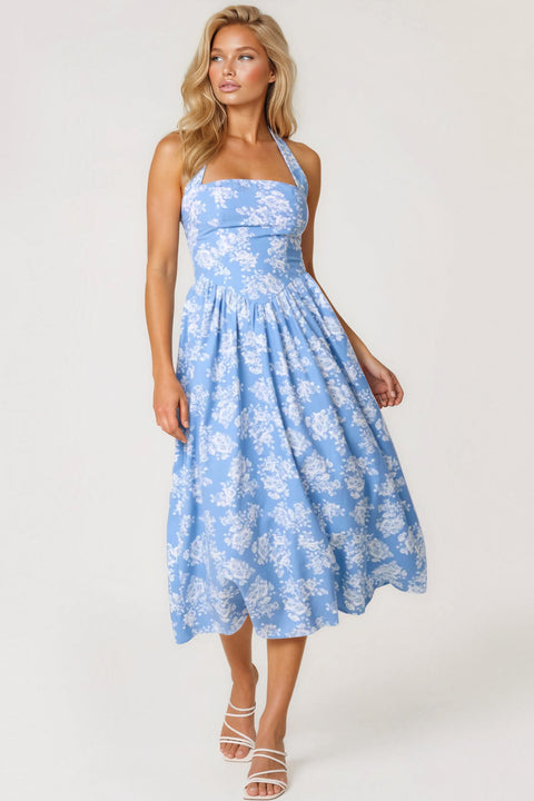Blue Floral Halterneck Midi Dress by Aftershock London