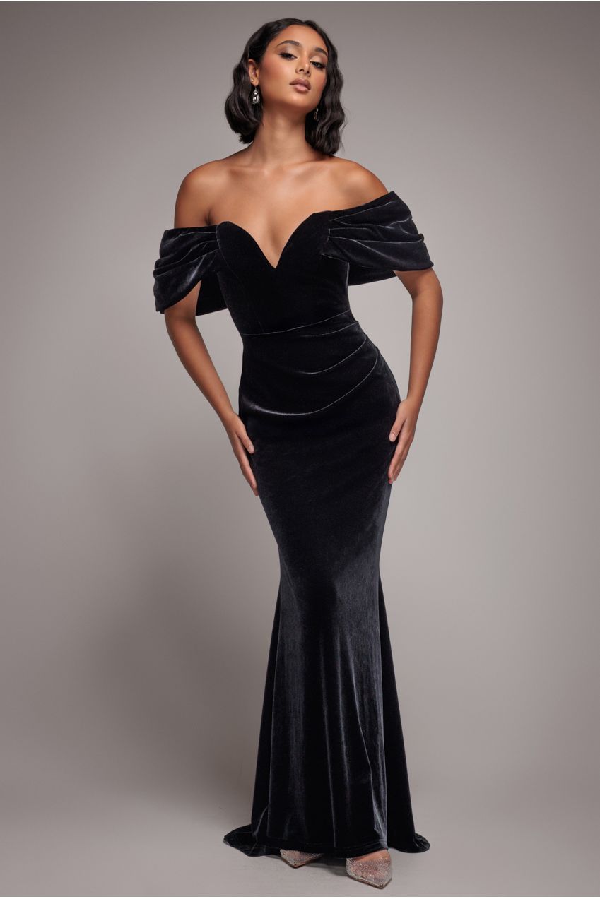 Off The Shoulder Deep Plunge Velvet Maxi Dress - Black DR4692