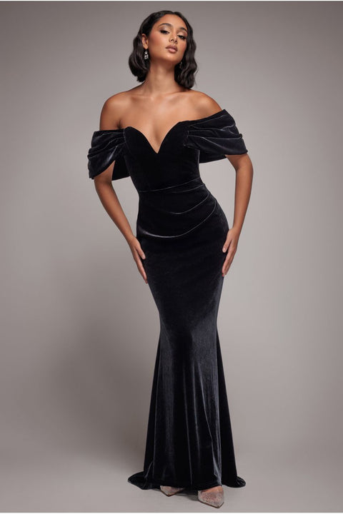 Off The Shoulder Deep Plunge Velvet Maxi Dress - Black by Goddiva