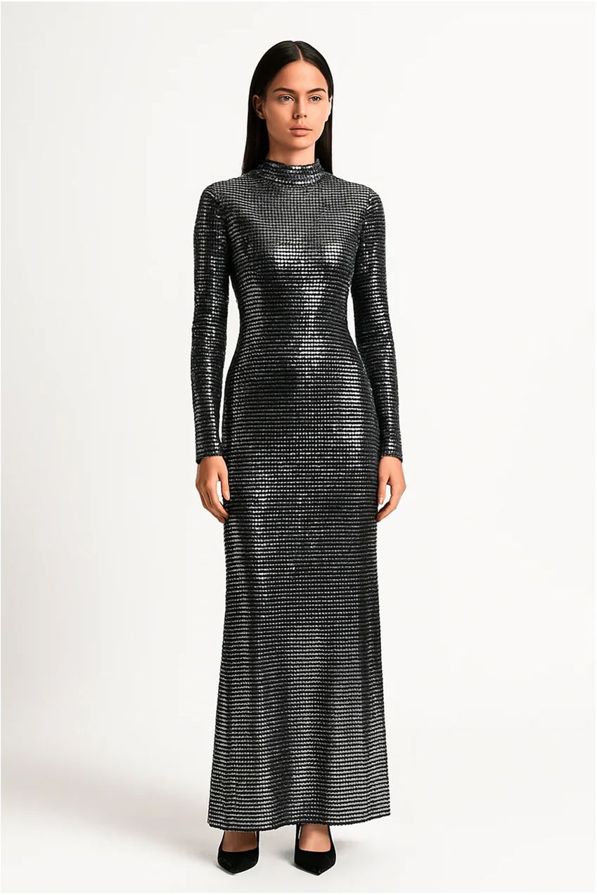 Metallic Sequin Full-Length Silhouette Fit Maxi Dress AV-IMD2607BLK