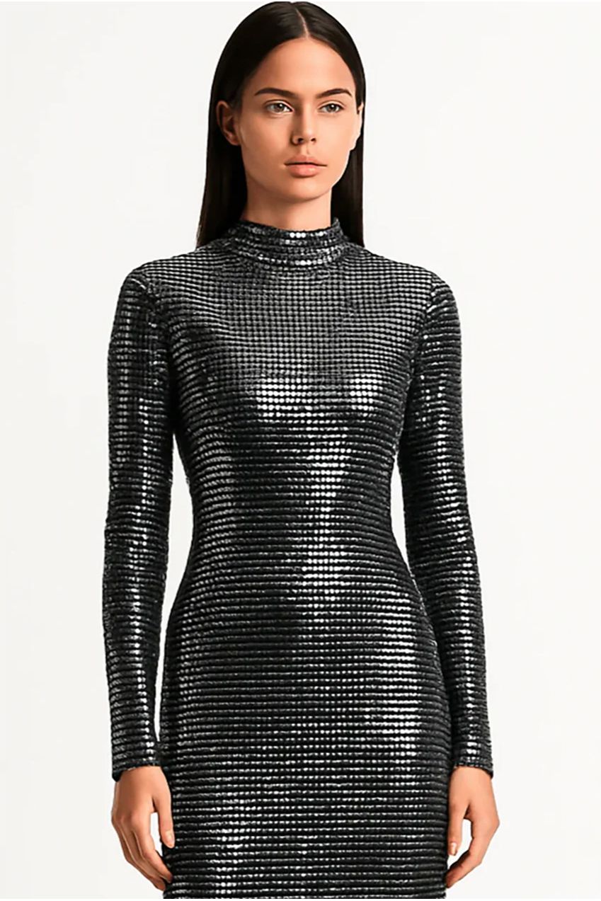 Metallic Sequin Full-Length Silhouette Fit Maxi Dress AV-IMD2607BLK