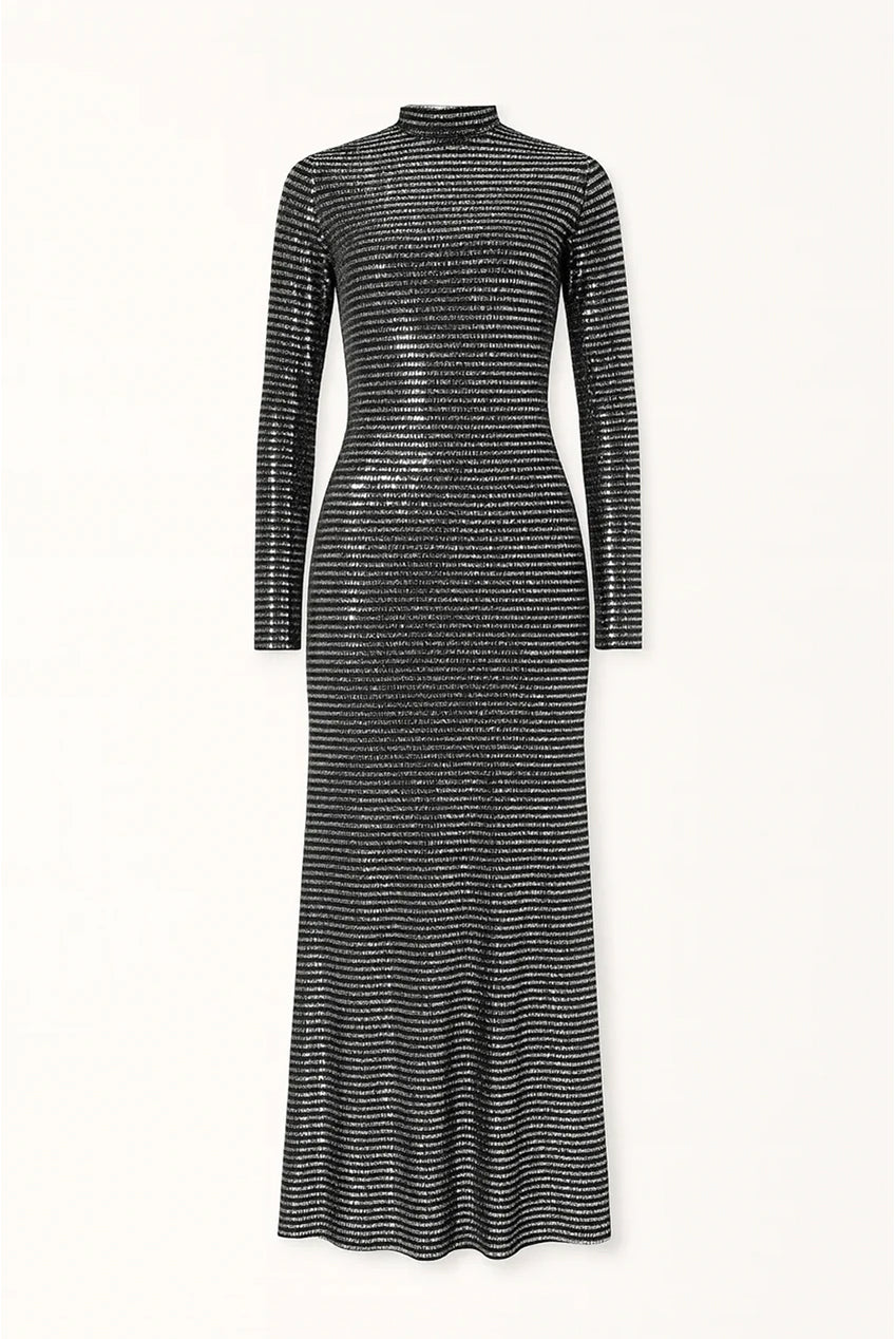 Metallic Sequin Full-Length Silhouette Fit Maxi Dress AV-IMD2607BLK