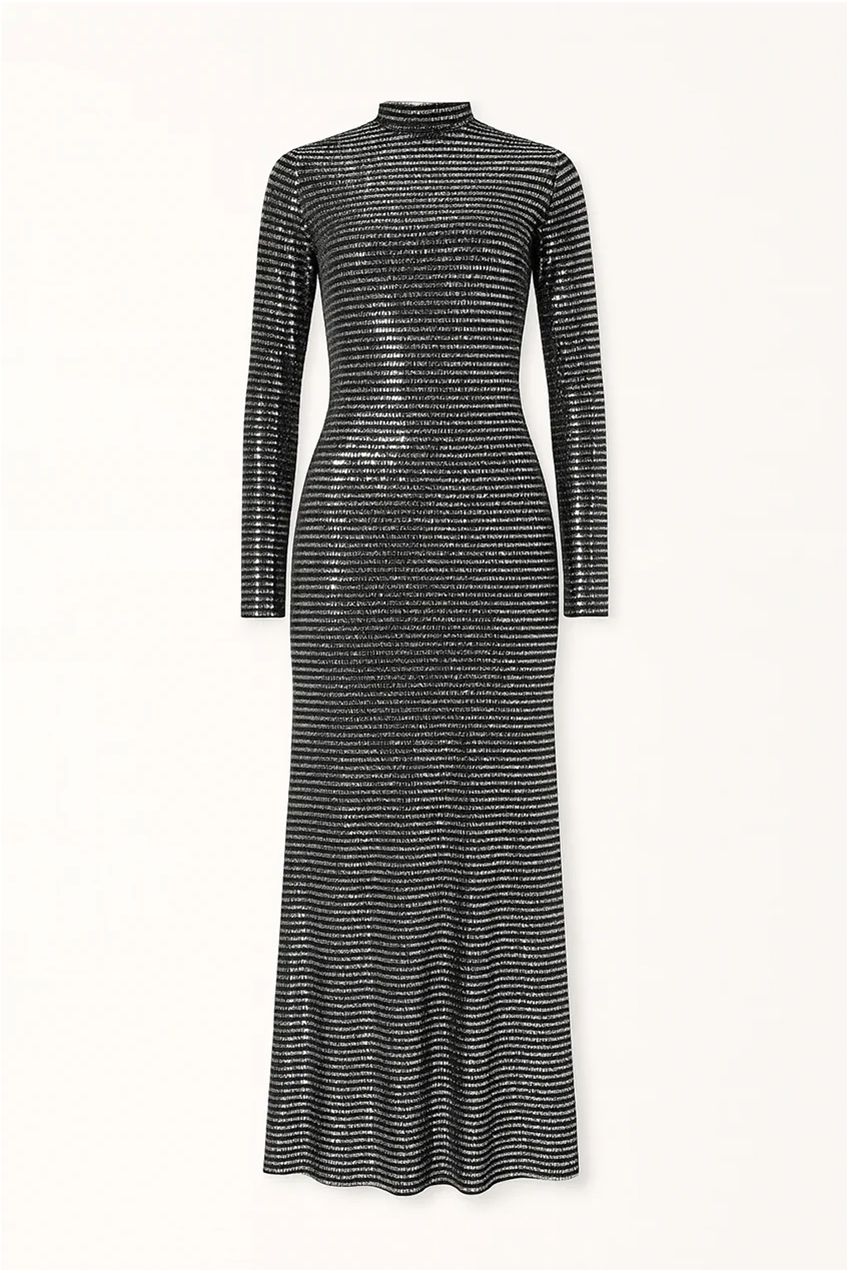Metallic Sequin Full-Length Silhouette Fit Maxi Dress AV-IMD2607BLK