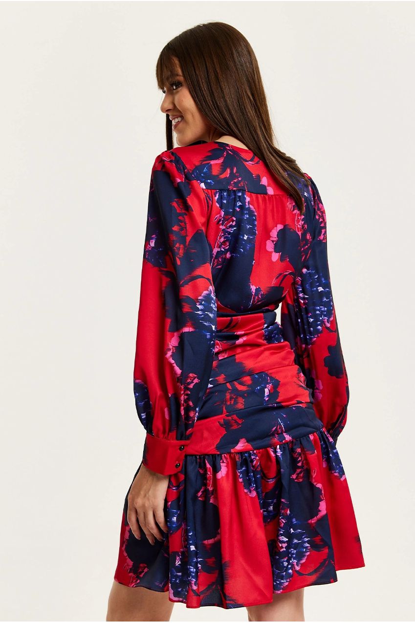 Floral Print Red Mini Dress With Long Sleeves G21-LIQ23AW011