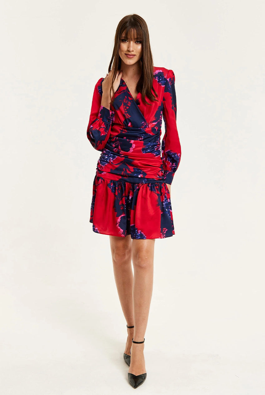 Floral Print Red Mini Dress With Long Sleeves