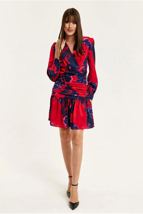 Floral Print Red Mini Dress With Long Sleeves by Liquorish