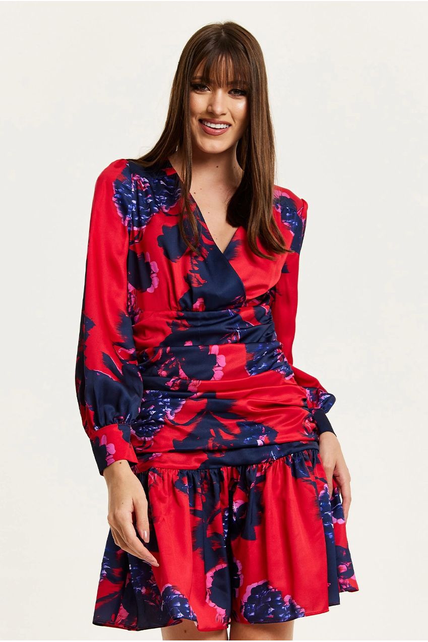 Floral Print Red Mini Dress With Long Sleeves G21-LIQ23AW011