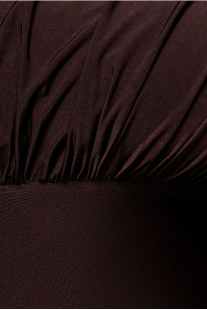 Open Back Cowl Neck Gathered Maxi Dress With Velvet Tie Back - Brown DR4856