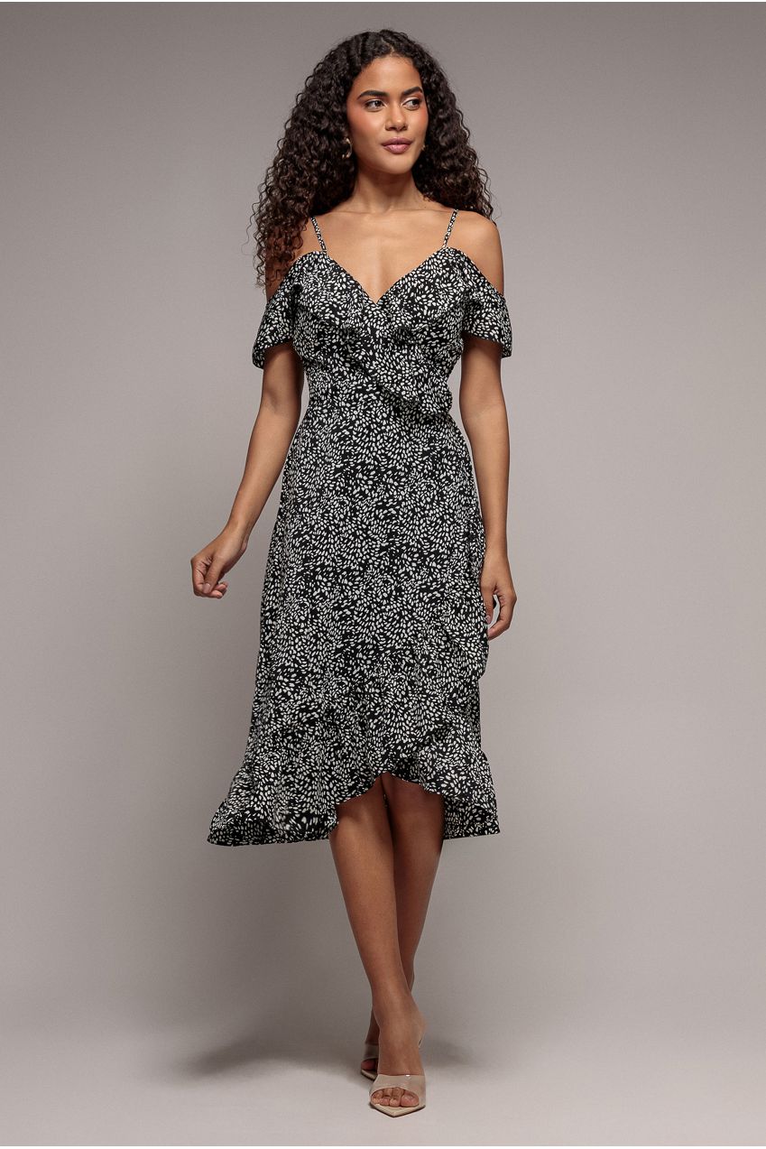 Spaghetti Strap Polka Dot Wrap Midi Dress - Black White GCD2236