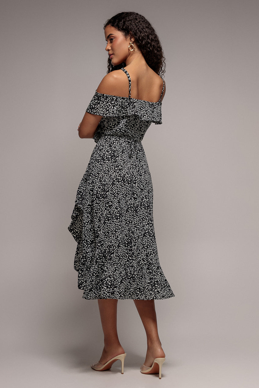 Spaghetti Strap Polka Dot Wrap Midi Dress - Black White GCD2236