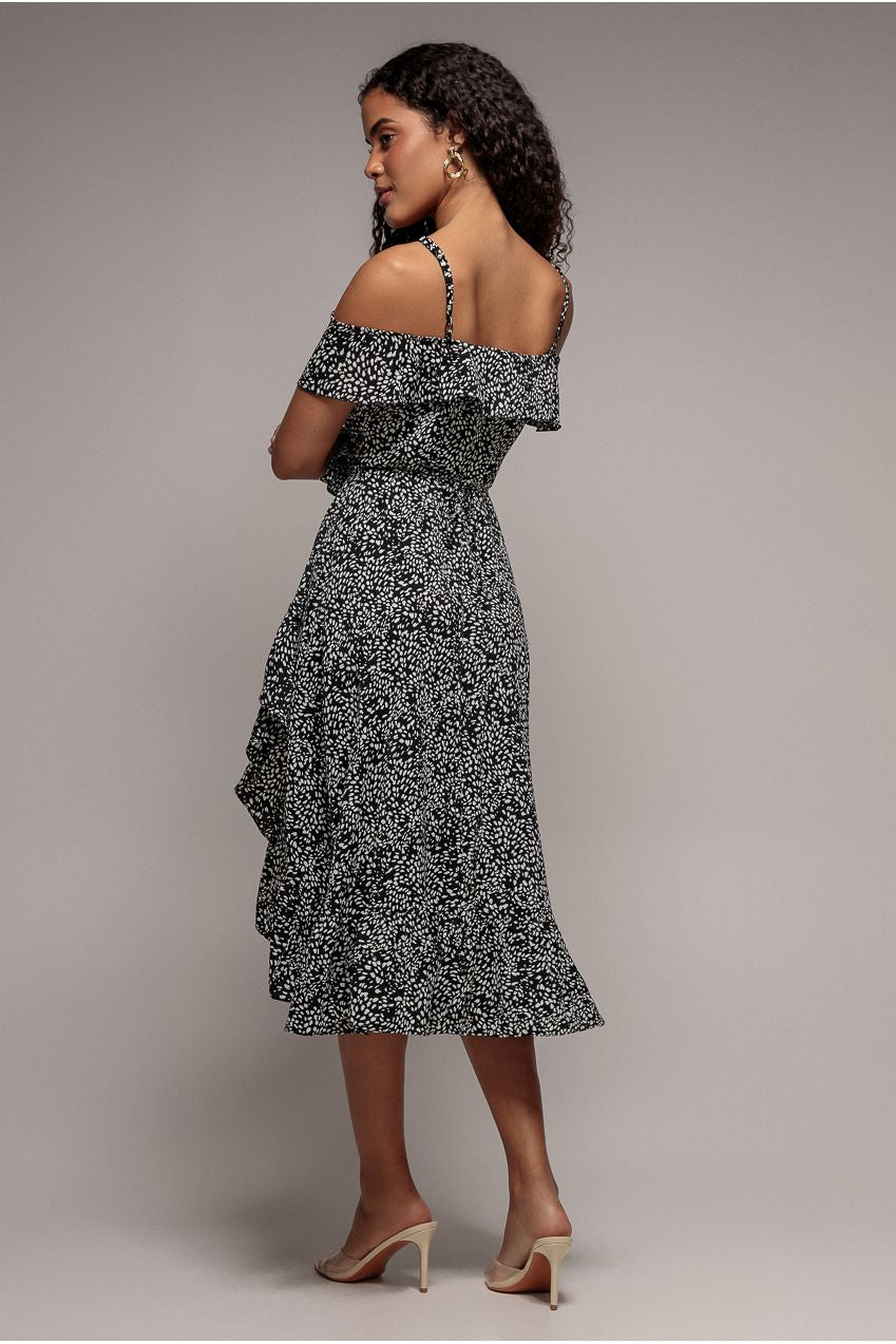 Spaghetti Strap Polka Dot Wrap Midi Dress - Black White GCD2236