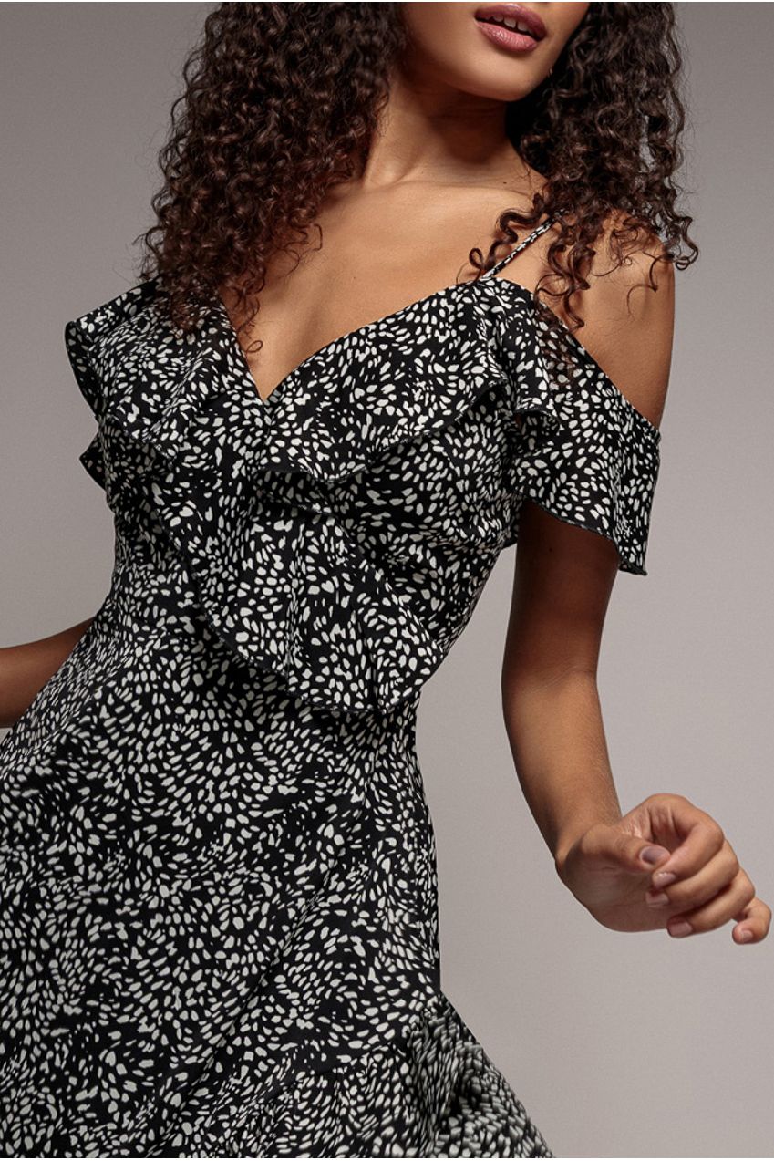 Spaghetti Strap Polka Dot Wrap Midi Dress - Black White GCD2236