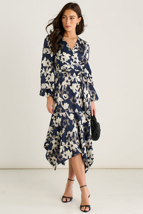 Navy Asymmetric Hem Wrap Midi Dress by Gini London