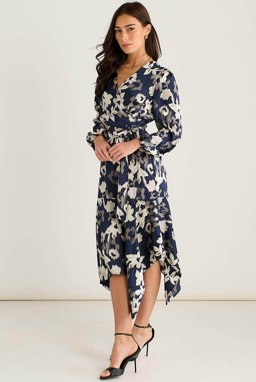 Navy Asymmetric Hem Wrap Midi Dress GL1077007