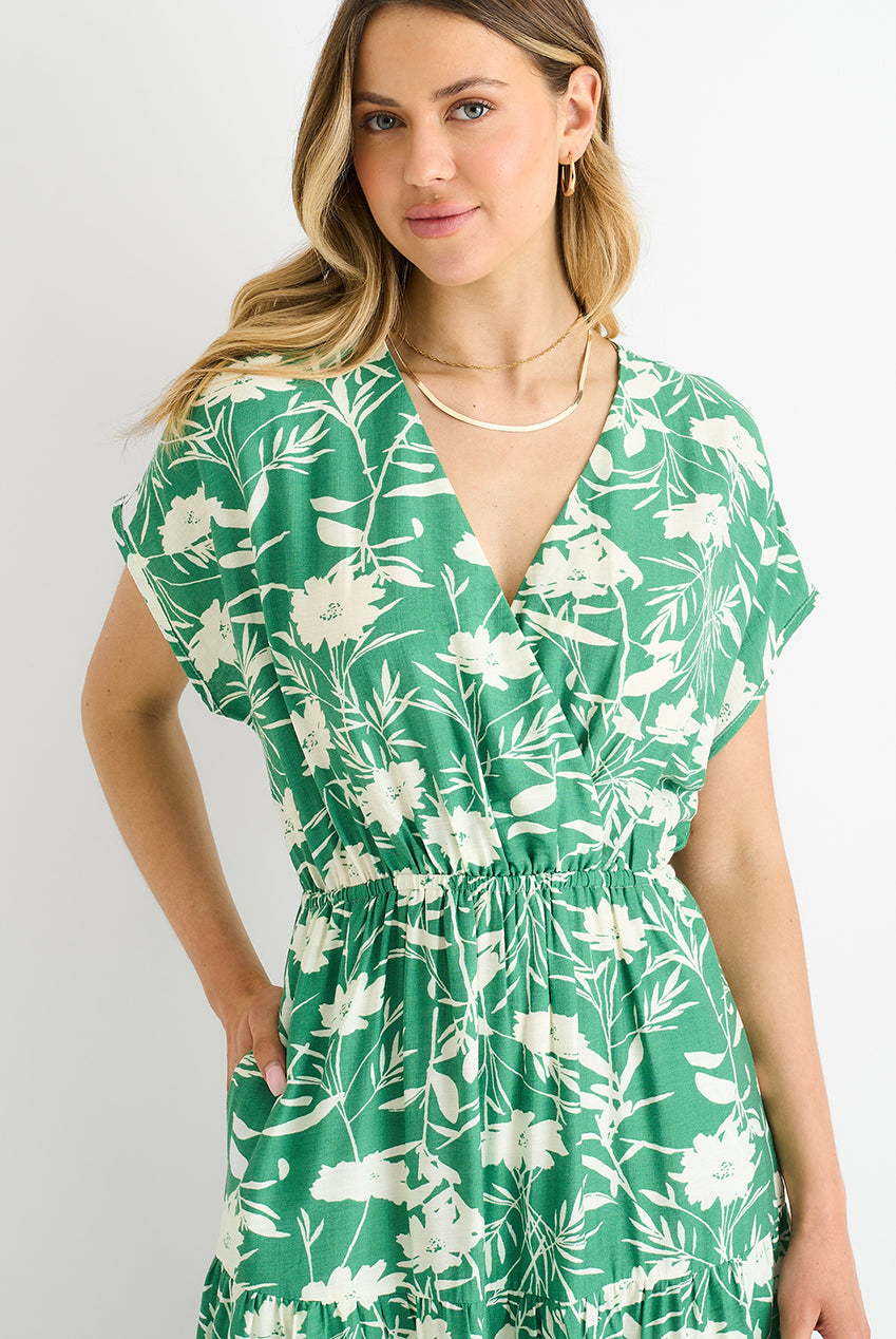 Green Floral Elastic Waist Maxi Dress GL1245